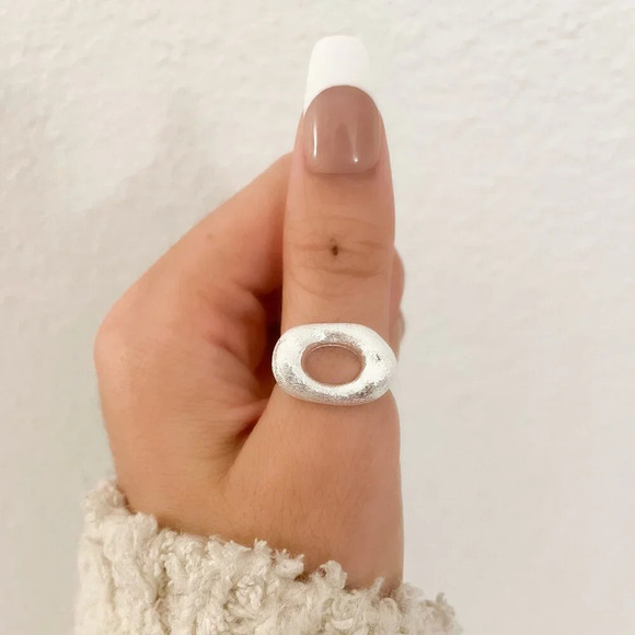 925 Sterling Silver Oval Ring Texture Ring Matte Ring Modern Geometric Ring - Picture 8 of 9